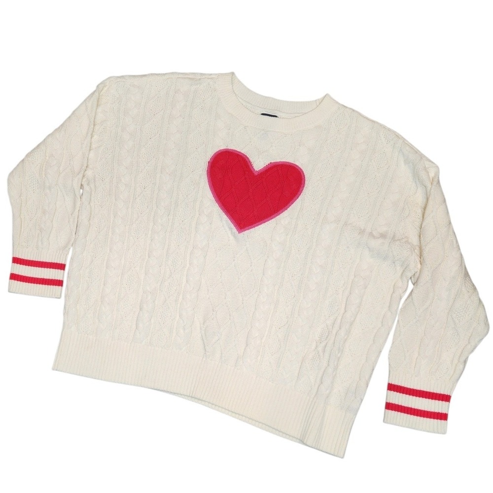 Lands End Drifter Sweater Womens 2X Cream Red Heart Cable Knit Cotton Love Core